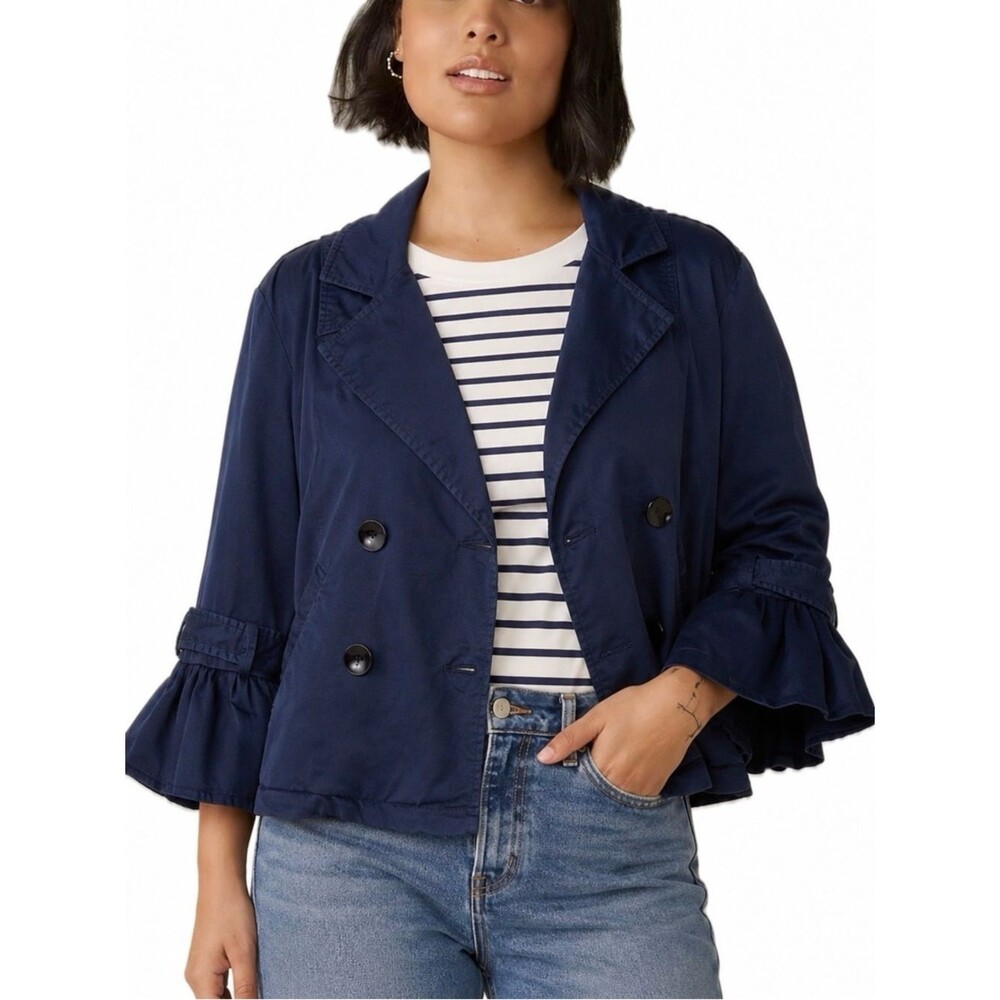 Live A Little Cropped Trenchcoat Size XL Navy 3/4 Sleeve A-Line Sailor Jacket
